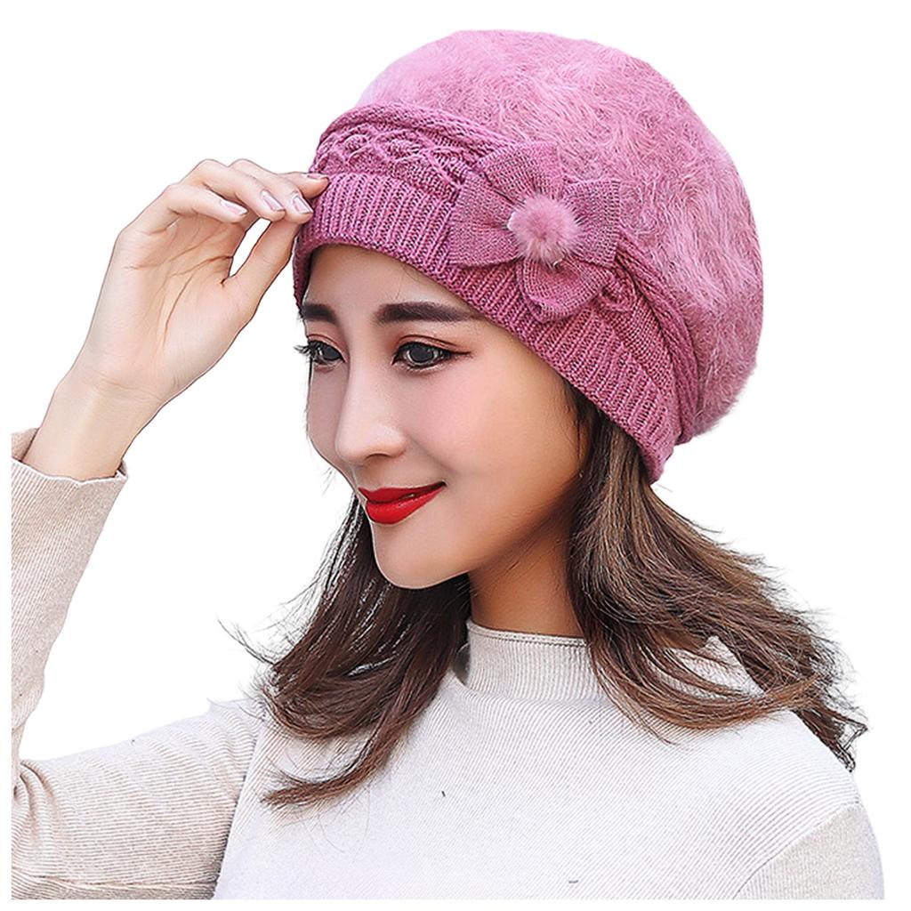 Women Knitted Wool Hats Winter Flower Decorated Warm Female Cap Beanies Fur Hat Gorros Bonnet Soft Breathable Beanie Caps