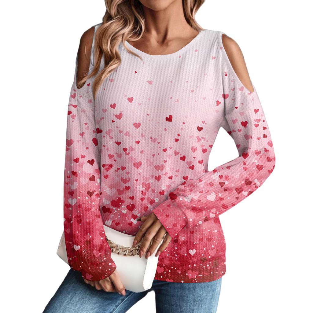 Women's Winter Oversized T-Shirt Fashionable Off-the-Shoulder Round Neck Vintage Floral Print Pullover Long-Sleeved Top