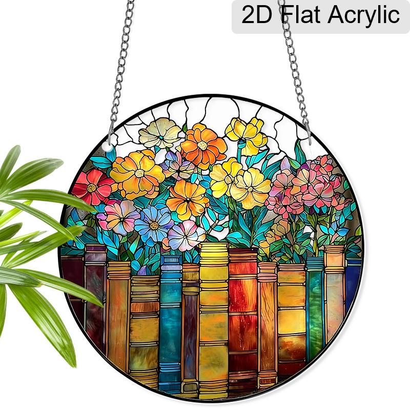 Акриловый цветной цветочный узор на стопке книг, Ловец солнечного света, Висящее на окне украшение со стеклянным эффектом для любителей книг и цветов 20cm/7.87Inch
