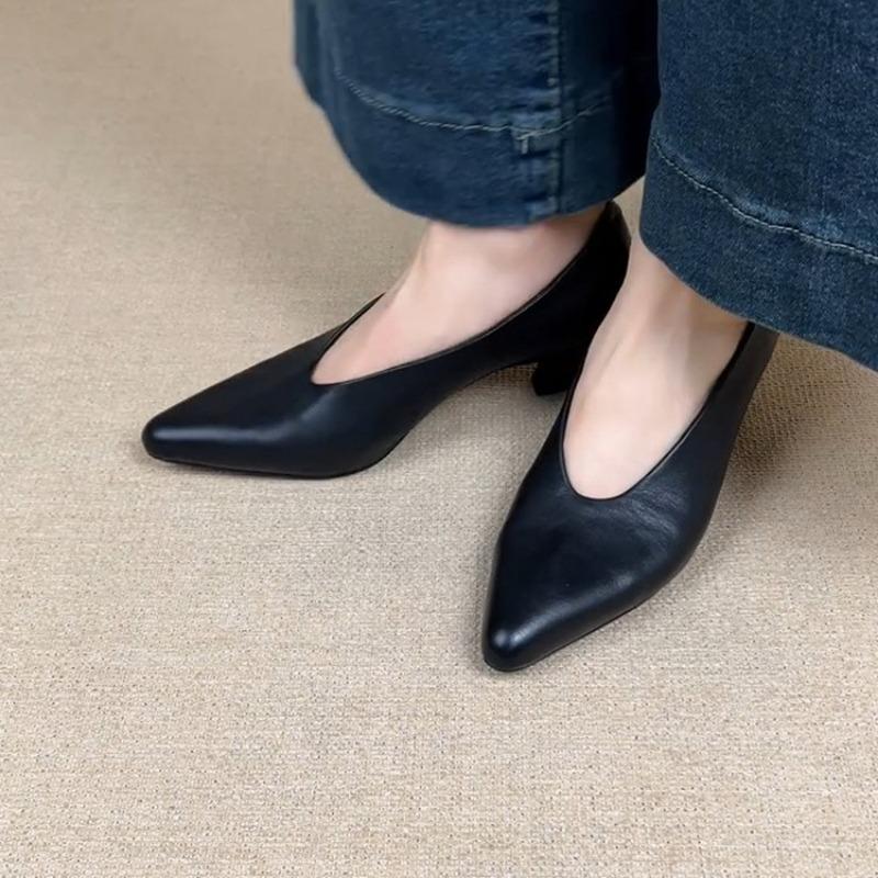 New Black High Heel Dress Shoes for Woman Spring Pointed End Shallow Vintage Office Work Shoes Pumps Zapatos