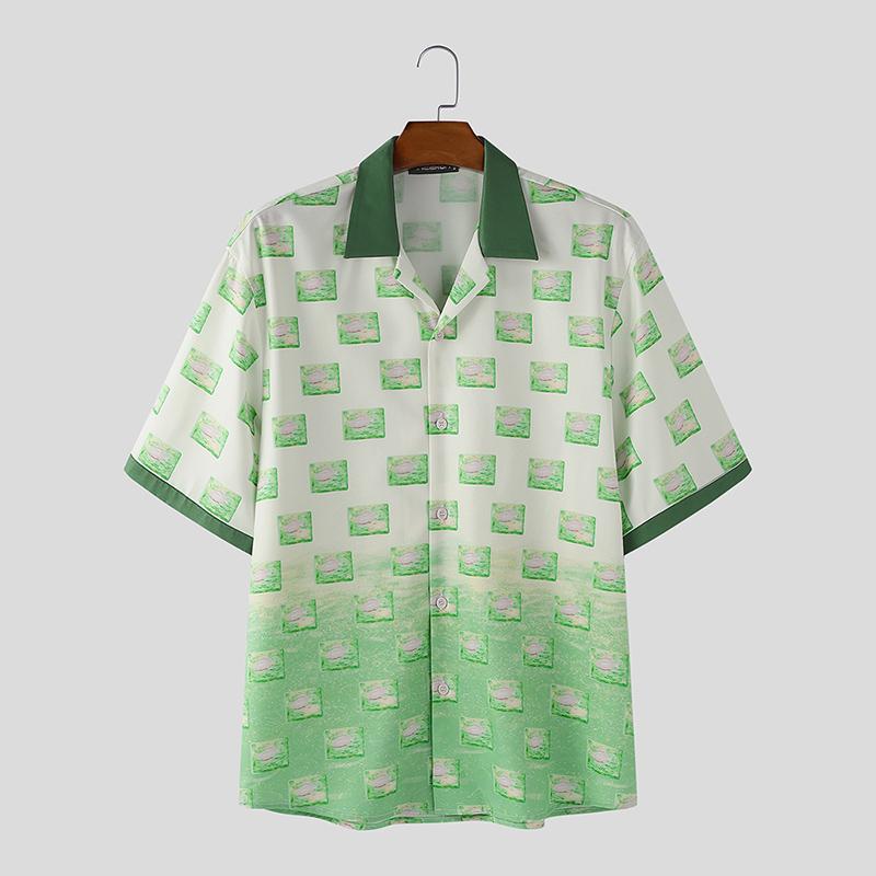 

INCERUN Men Lapel Short Sleeve Stitching Plaid Print Casual Oversized Shirts 5XL зелёный
