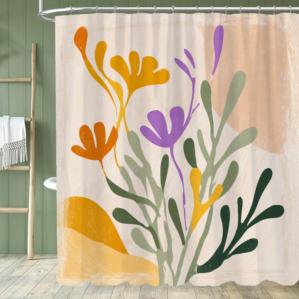 1pc Modern Minimalist Flowers Shower Curtain Floral Design Perfect Bathroom Decorative Bathroom Shower Curtain With Hooks
