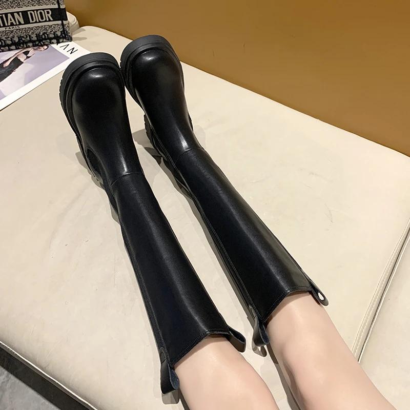 Fashion plus Size Knee High Riding Boots Straight Tube ing Boots Women's Medium Heel Waterproof Platform round Toe PU Leather