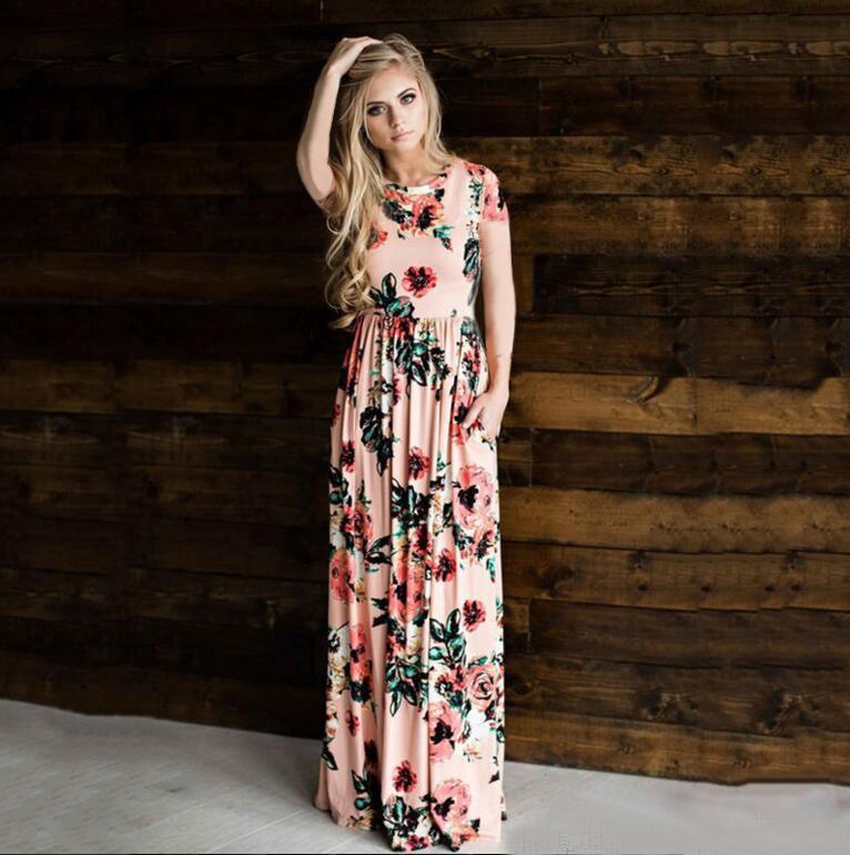 Women's Summer Long Dress Floral Print Boho Beach Dress Tunic Maxi Dress Evening Party Dress