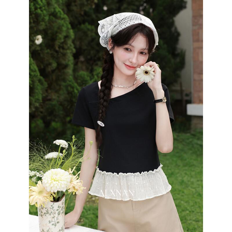 Women s Designer Slanted Shoulder Black Short-Sleeve T-Shirt S