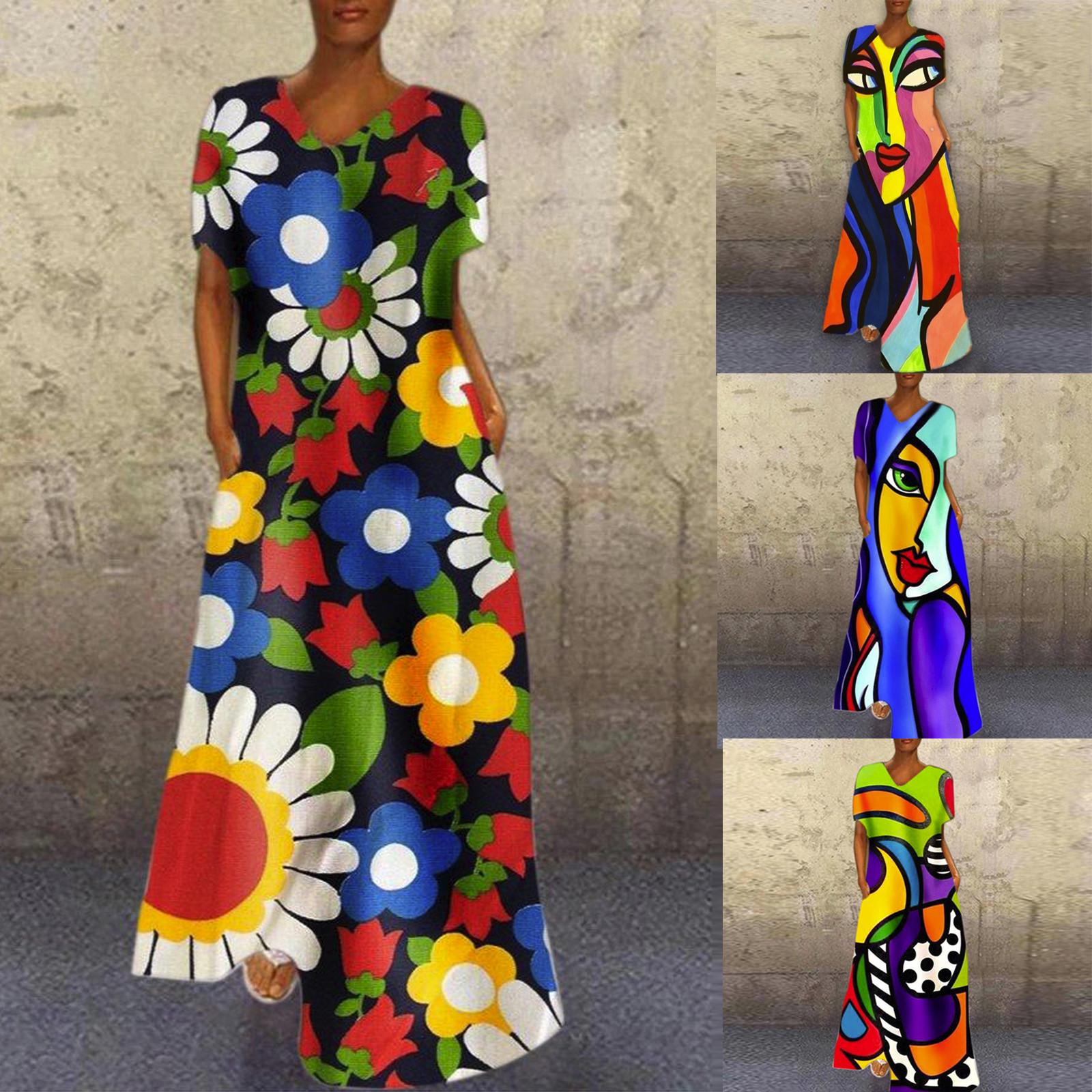 

Женская мода с принтом, повседневные свободные платья до щиколотки с коротким рукавом и v-образным вырезом