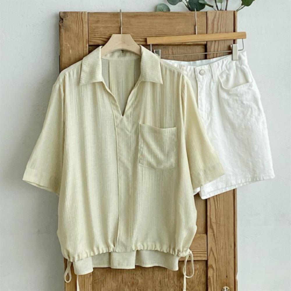 New Arrivals Open Run Women Loose Fit String Short Sleeve Shirt Pocket Design