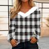Women's Fashion Long Sleeve Plaid Print Fleece Collar V-Neck Top