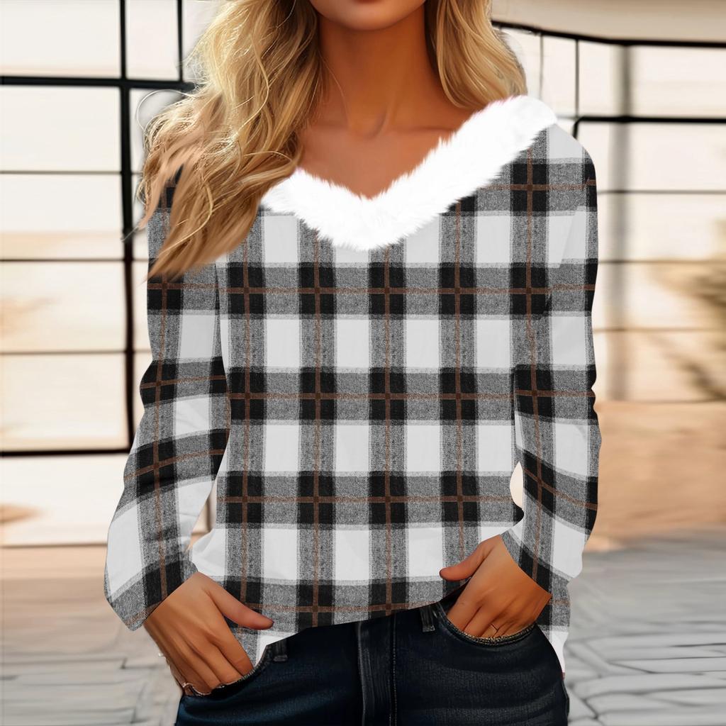 Women's Fashion Long Sleeve Plaid Print Fleece Collar V-Neck Top
