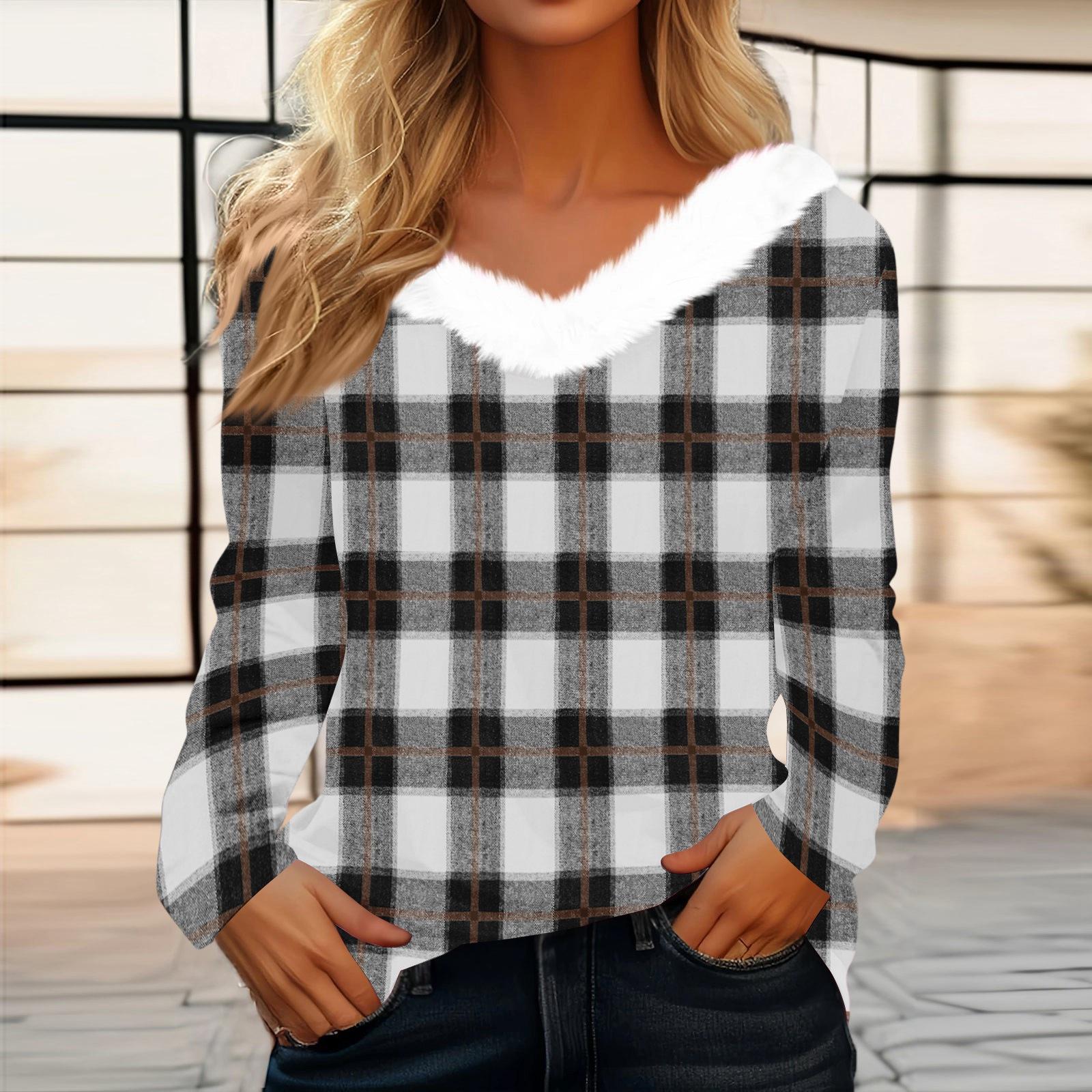 

Women s Fashion Long Sleeve Plaid Print Fleece Collar V-Neck Top L
