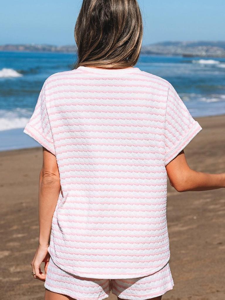 2025 Spring/Summer Women's Knit Drawstring Short-Sleeved Two-Piece Casual Set - European & American Fashion
