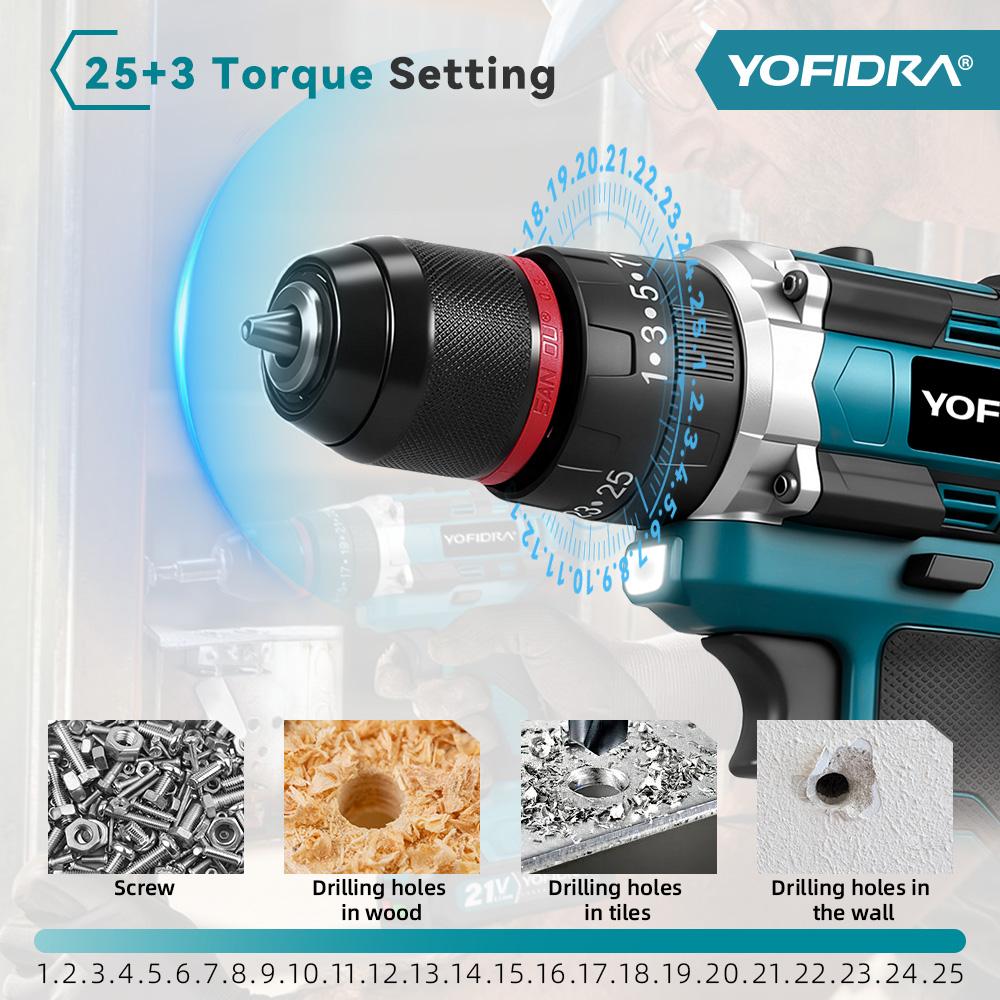 YOFIDRA 3IN1 Electric Impact Drill 25+3 Torque Handheld Cordless Impact Drill Woodworking Power Tool For Makita 21V Battery Pin