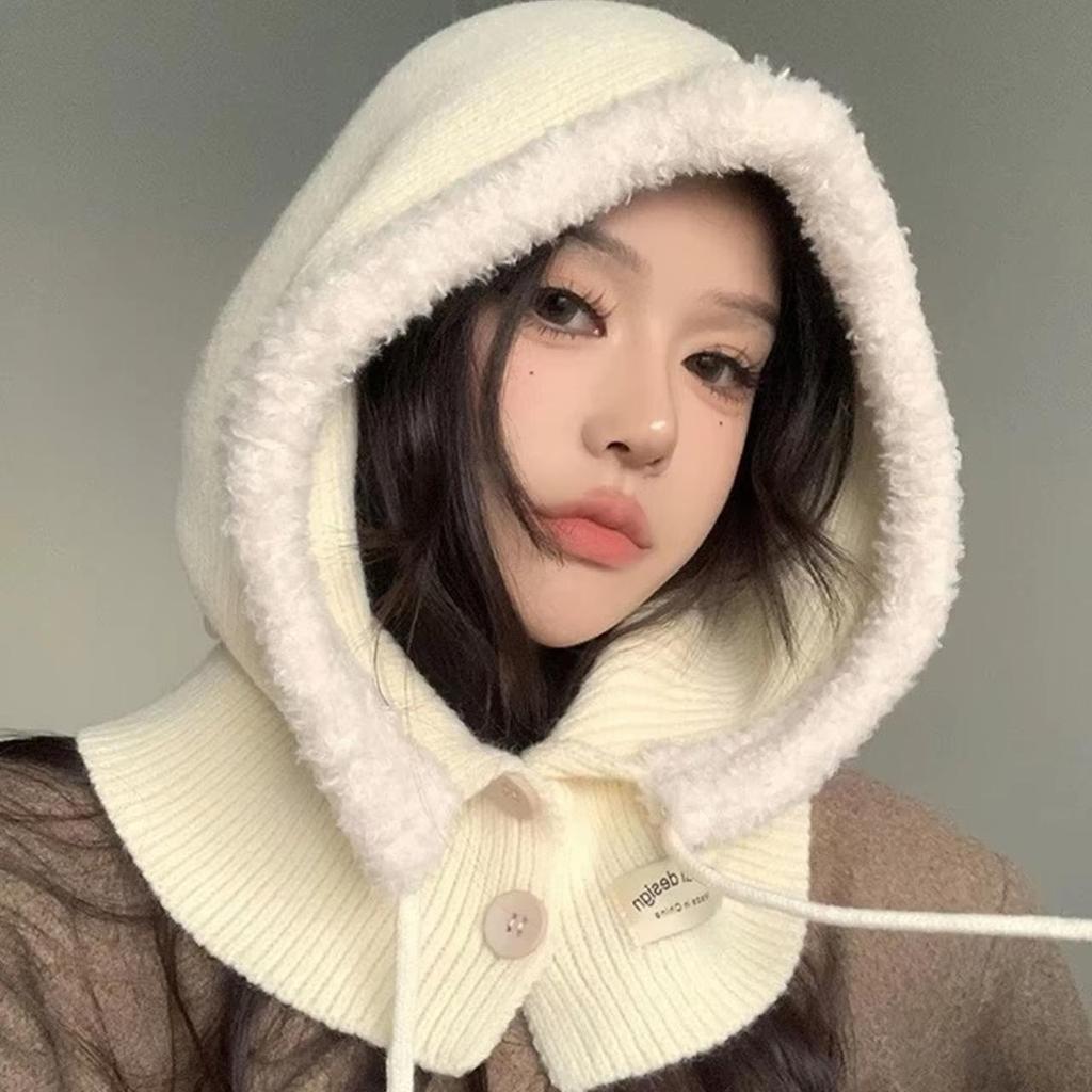Women Wool Knitted Balaclava Hat Retro Solid Color Ear Warmer Hooded Cap Korean Girl Windproof One-piece Neck Collars Bonnet