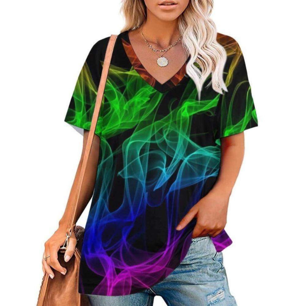Summer V-neck 3D Colorful Splash Printed T-shirts Fashionable Casual Short Sleeved Women's T-shirts