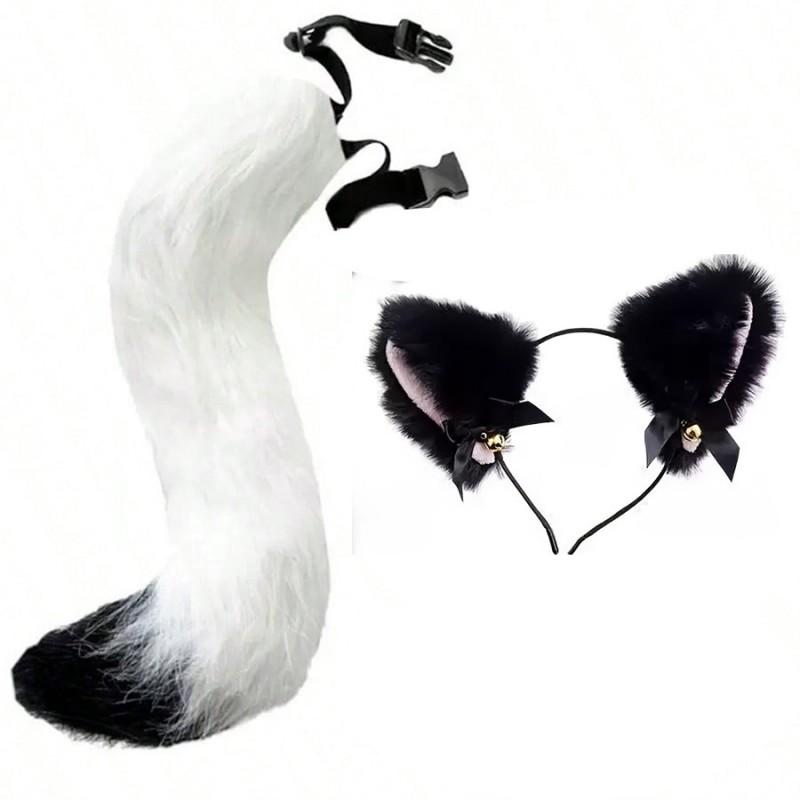 Cosplay Furry Ear Headband Tail Set With Bell Collar Anime Fans Adult Costume Accessories