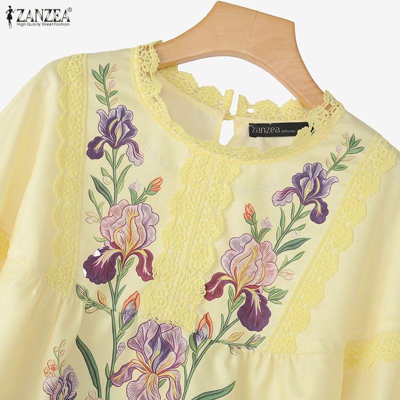 ZANZEA Women Lace Splice Round Neck Floral Print Casual 3/4 Sleeve Blouse