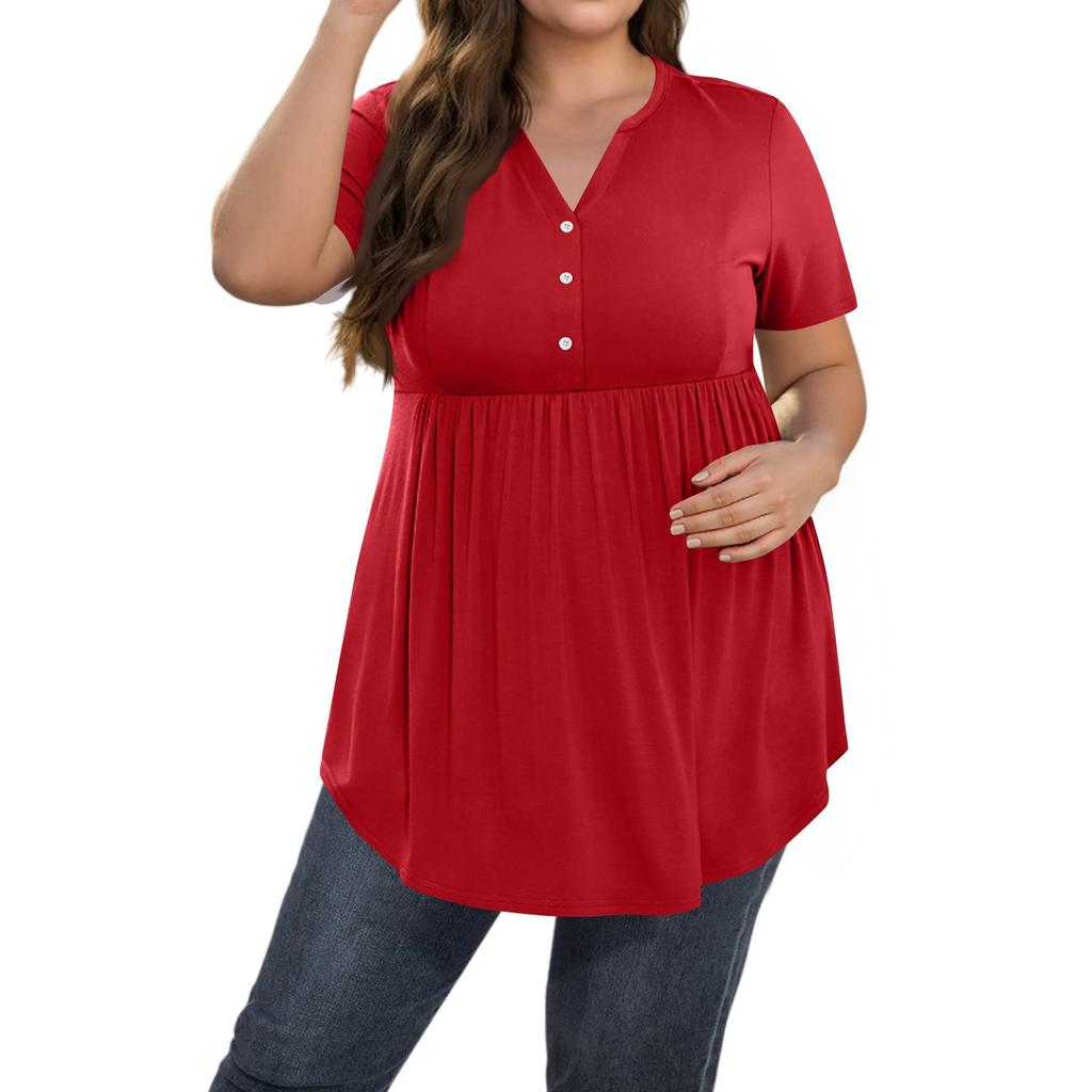 Women's Solid Color Large Size  V Neck Button-Up Top Casual Short Sleeve Flowy Top