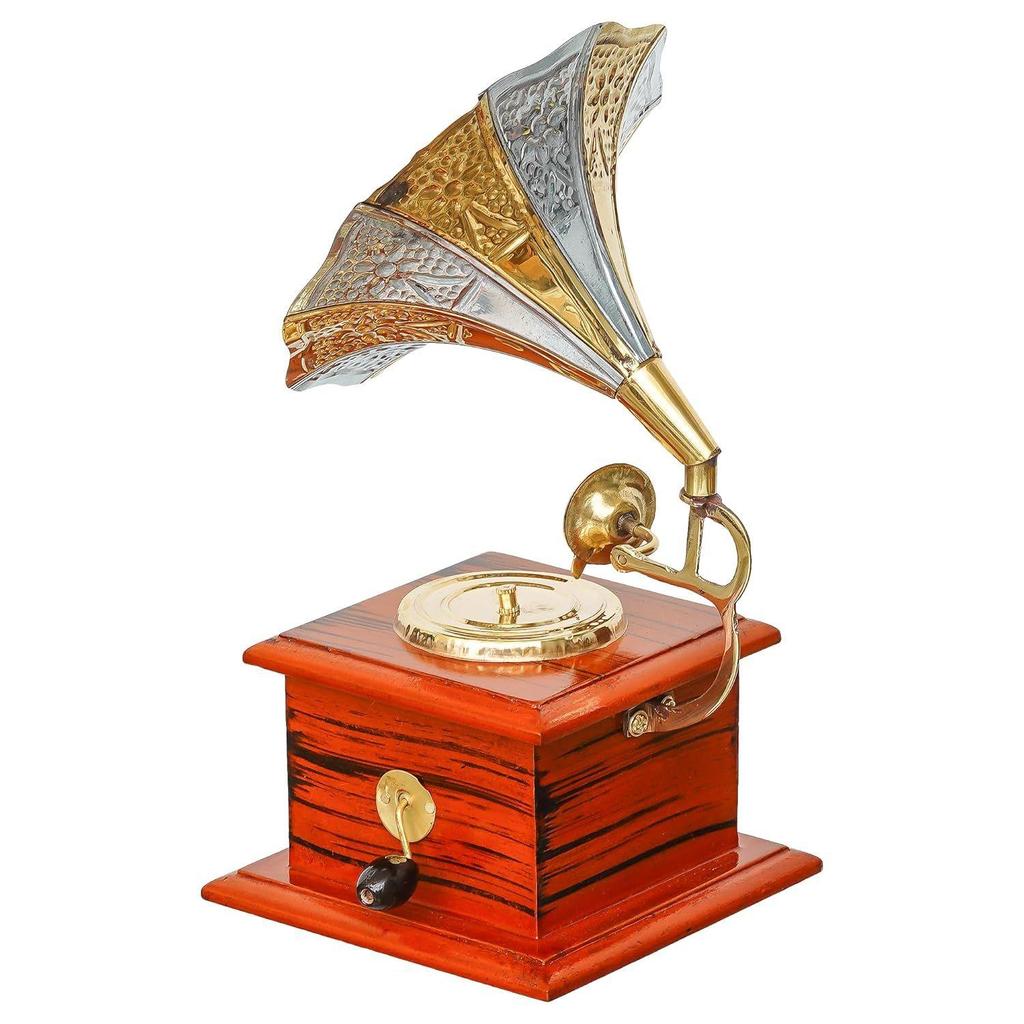 Premium Rajasthani Antique Vintage Sparkle Square Brass Gramophone Showpiece for Home Decor |Gift Item for Home and Living Room