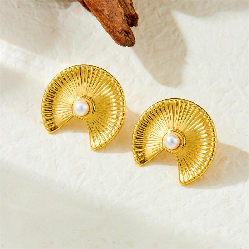Gold Fan Shaped Stud Earrings with Pearl Center for Women