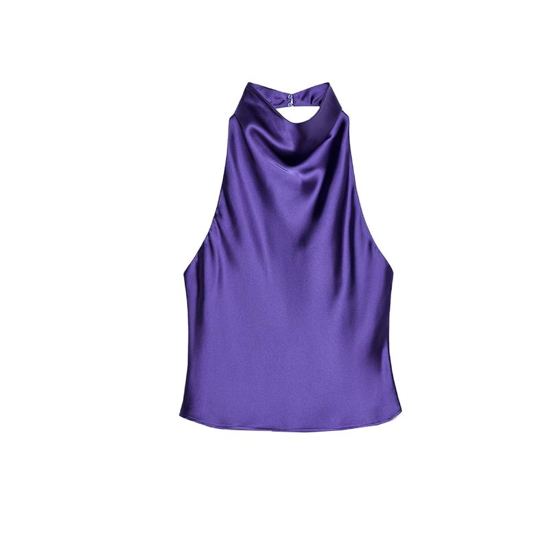 

Silk Satin Texture Backless Hanging Collar Top 3203317 Knot Decoration Elegant High Waist Midi Dress 3210317 Dark purple Tops L