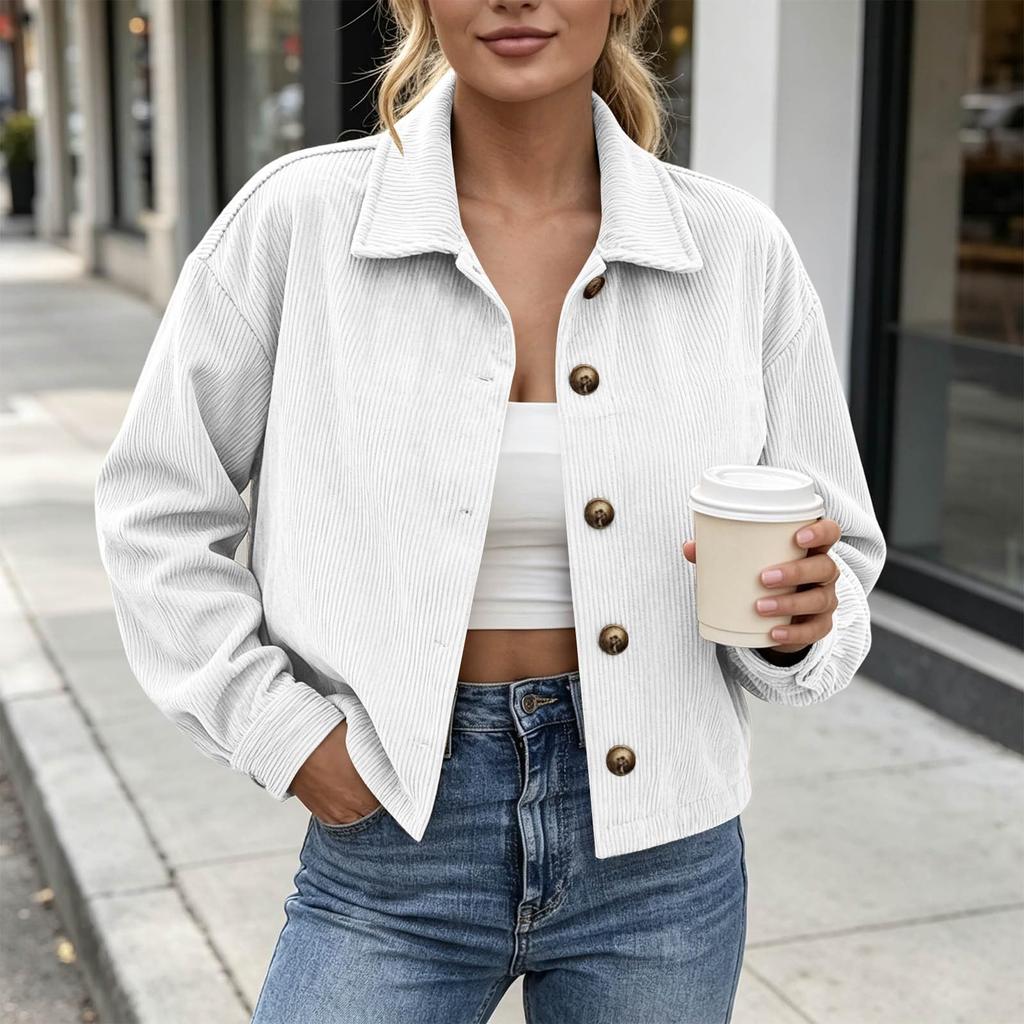 Women's Corduroy Jacket, Stylish Loose Fit Cropped Design with Collar, Versatile Everyday Wear