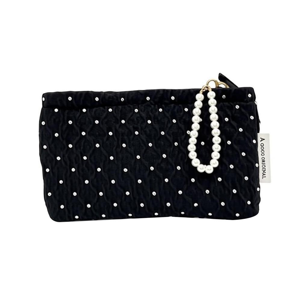 

New Black Dots Cosmetic Bag Large Capacity Handheld Makeup Bag With Pearl Chain Make Up Bag Women