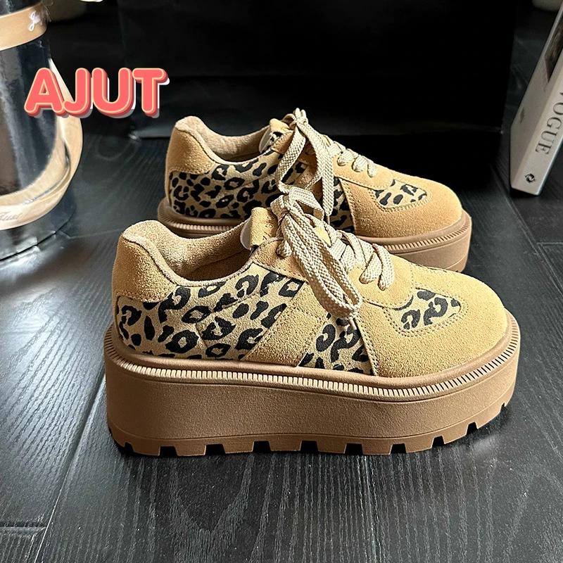 Móda 2024 Podzim Nové Boty na silné podrážce Jednoduché Dámské Kulatá špička Leopardí potisk Barevné sladění Šněrovací Vycházkové boty s nízkým svrškem