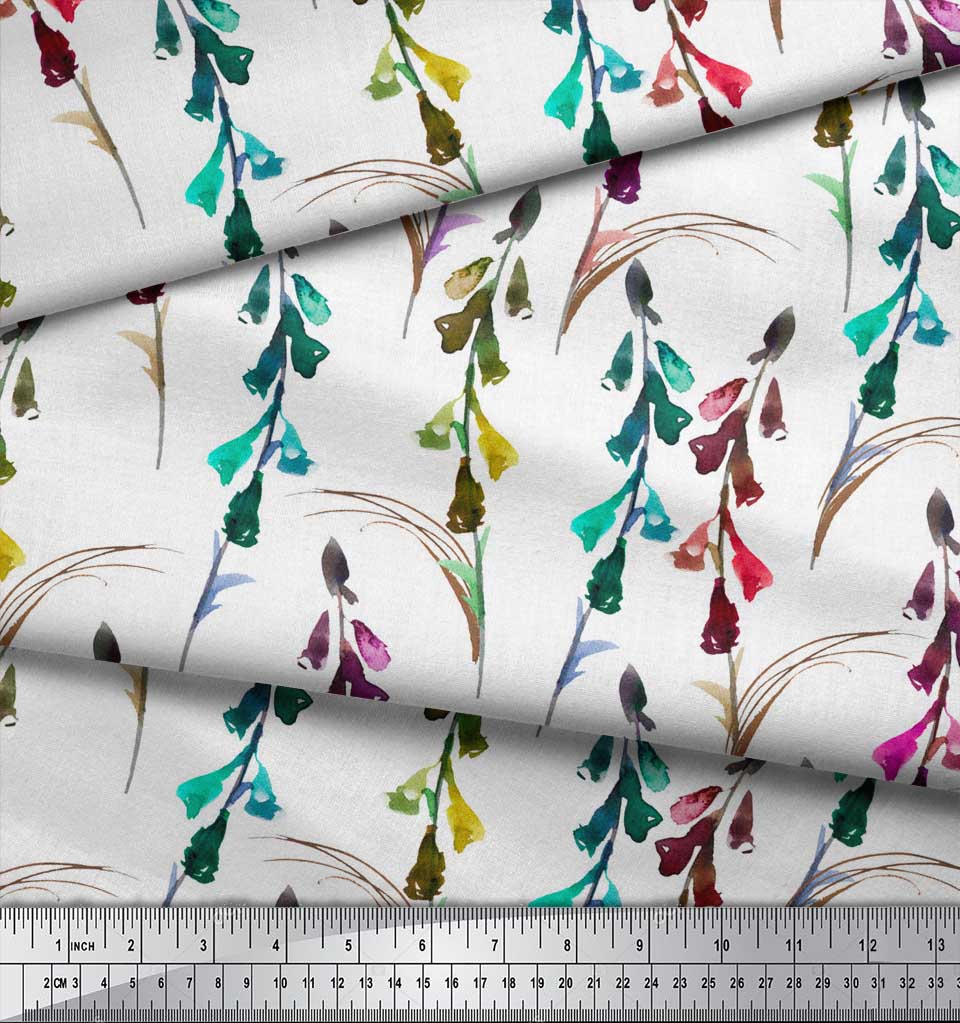 Soimoi Grauer Japanischer Krepp-Satin-Stoff Glockenblume Aquarell Dekor Stoff Bedruckt Meterware 42 Zoll