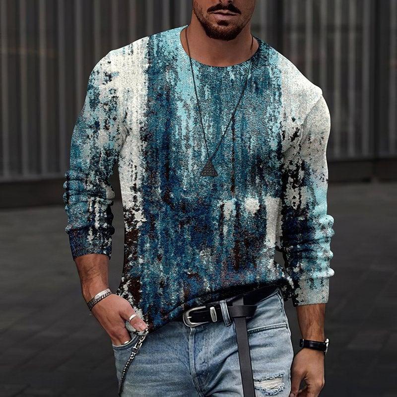 Rundhals 3D-bedrucktes Batik-Streifenmuster Top Modische lässige langärmelige Herren-T-Shirts