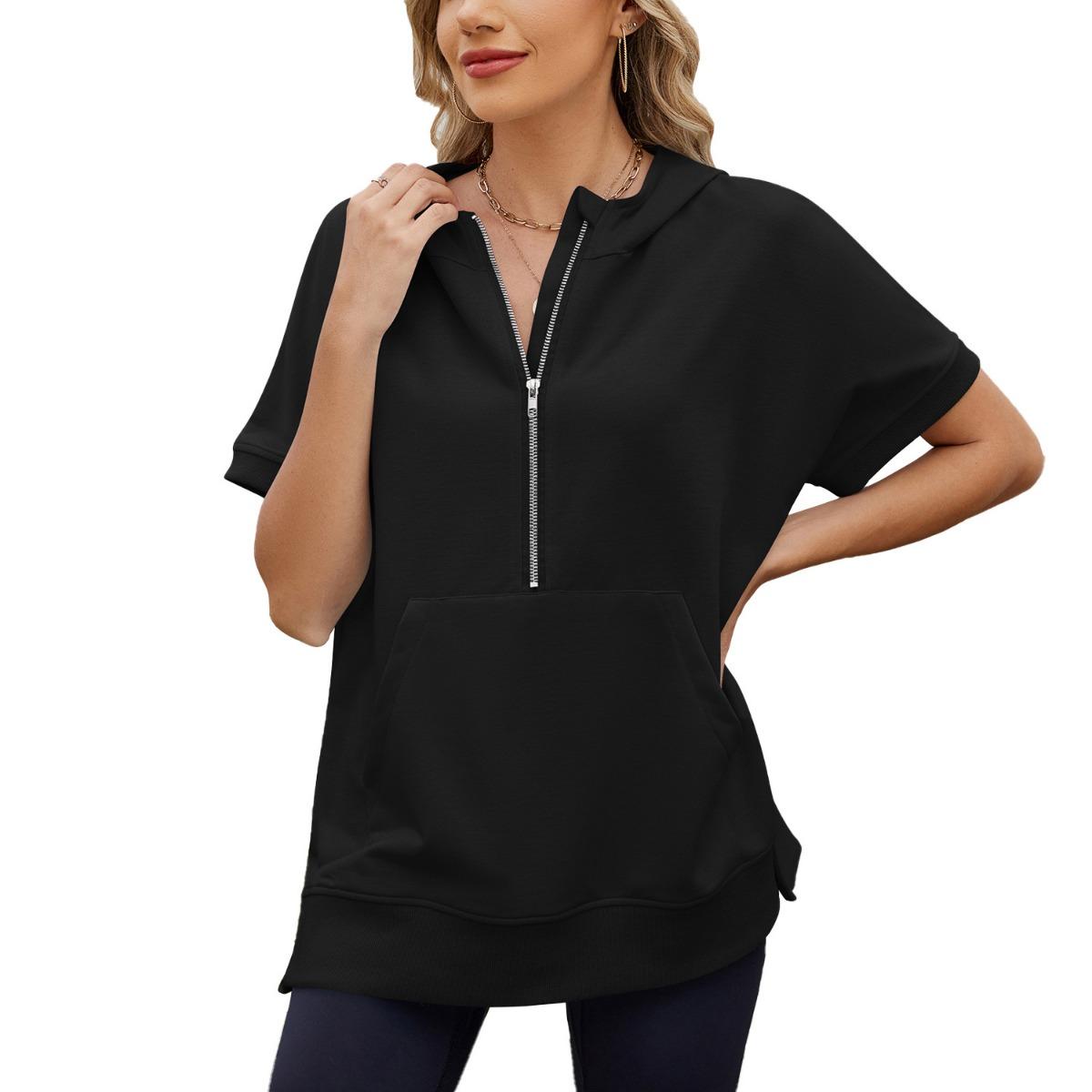 

Spring Summer Women s Hooded Short Sleeve Loose Thin Sweatshirt T-shirt Top with Zipper Pocket, Cross-border European American Casual Tops S чёрный