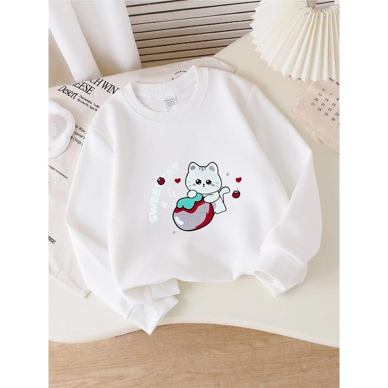 Sweatshirt Enfant Sweat à Col Rond pour Filles Présentant un Chat Mignon avec un Gâteau Et des Cœurs, Lavable en Machine