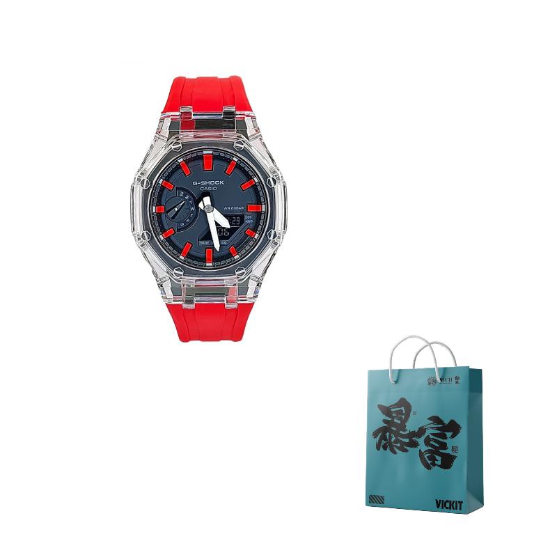

CASIO Men Liquid Crystal/Analog Dual Display Series 44mm Black Watch GA-2100-1A- Glacier Frost Red