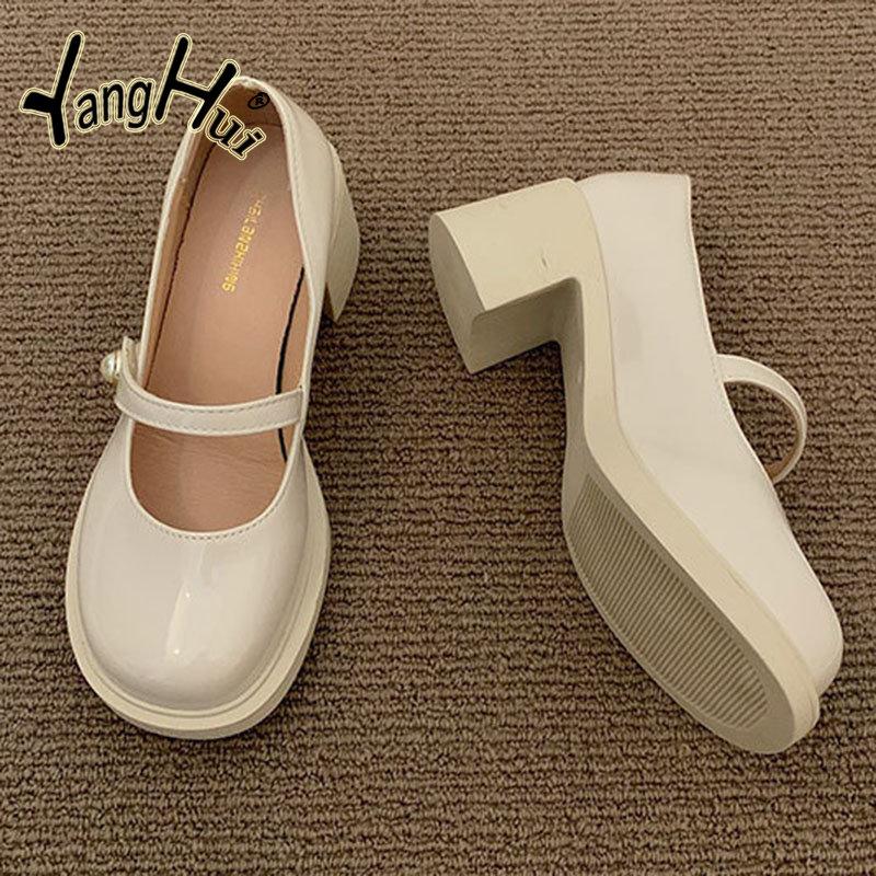 Fashion British Style Retro Mary Janes 2024 Fashion All-match Casual Pearl Accessories Round Toe Coarse Square Heel Pumps Spring Summer