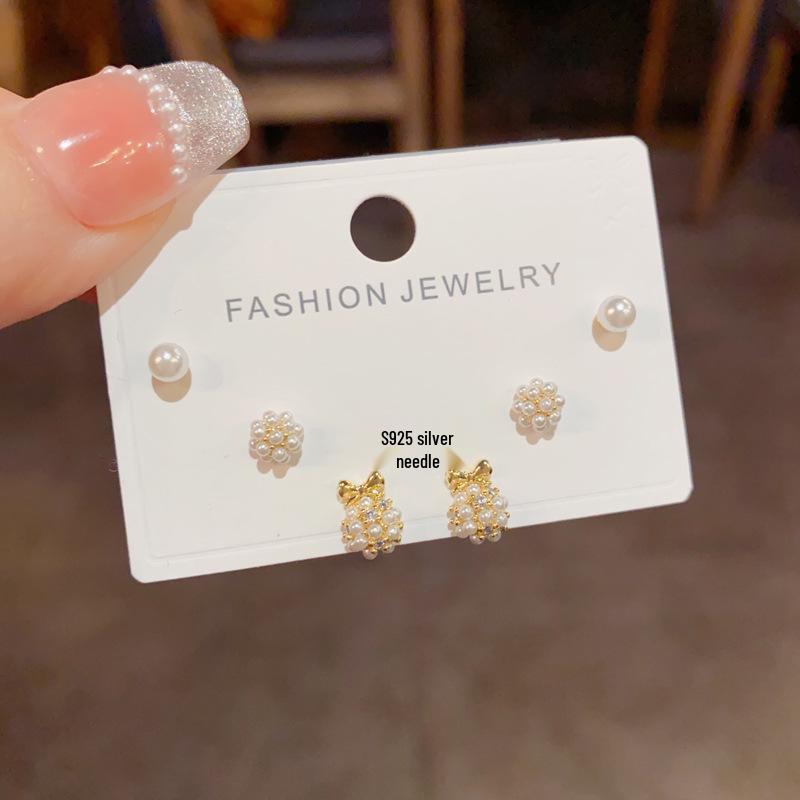Elegant Pearl Bow Stud Earrings Set - Three-Piece Collection
