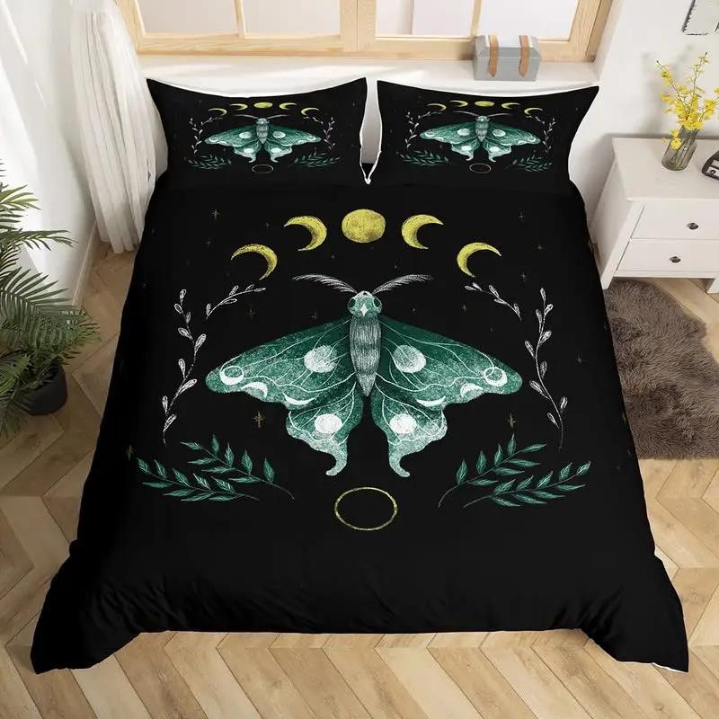 Death Moth Flowers King Queen Bedding Set Leaves Sun Moon Duvet Cover Gothic Animal Floral Comforter Cover Polyester Quilt Cover