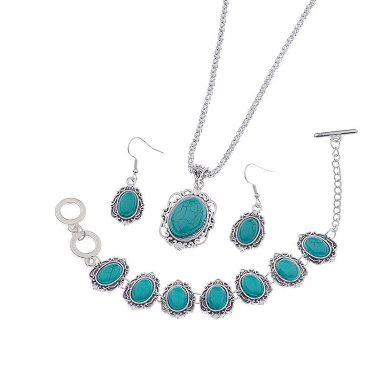 3 pcs Vintage Bohemian style turquoise necklace bracelet earrings three piece set Zircon gift 2024