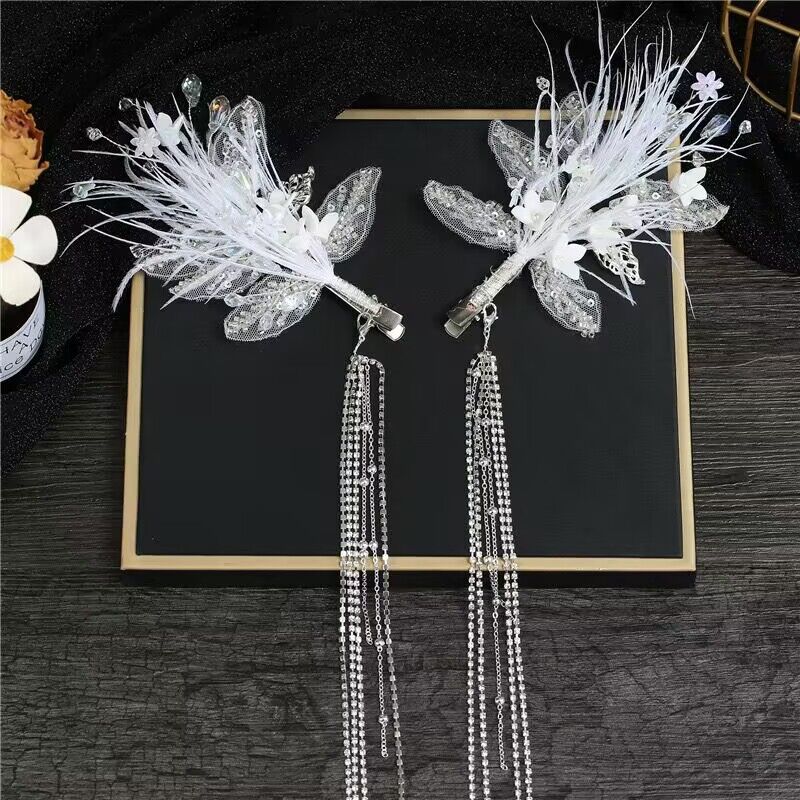 New feather hairpin fairy beauty bridal crystal soft pottery tassel headdress, high-end styling headwear