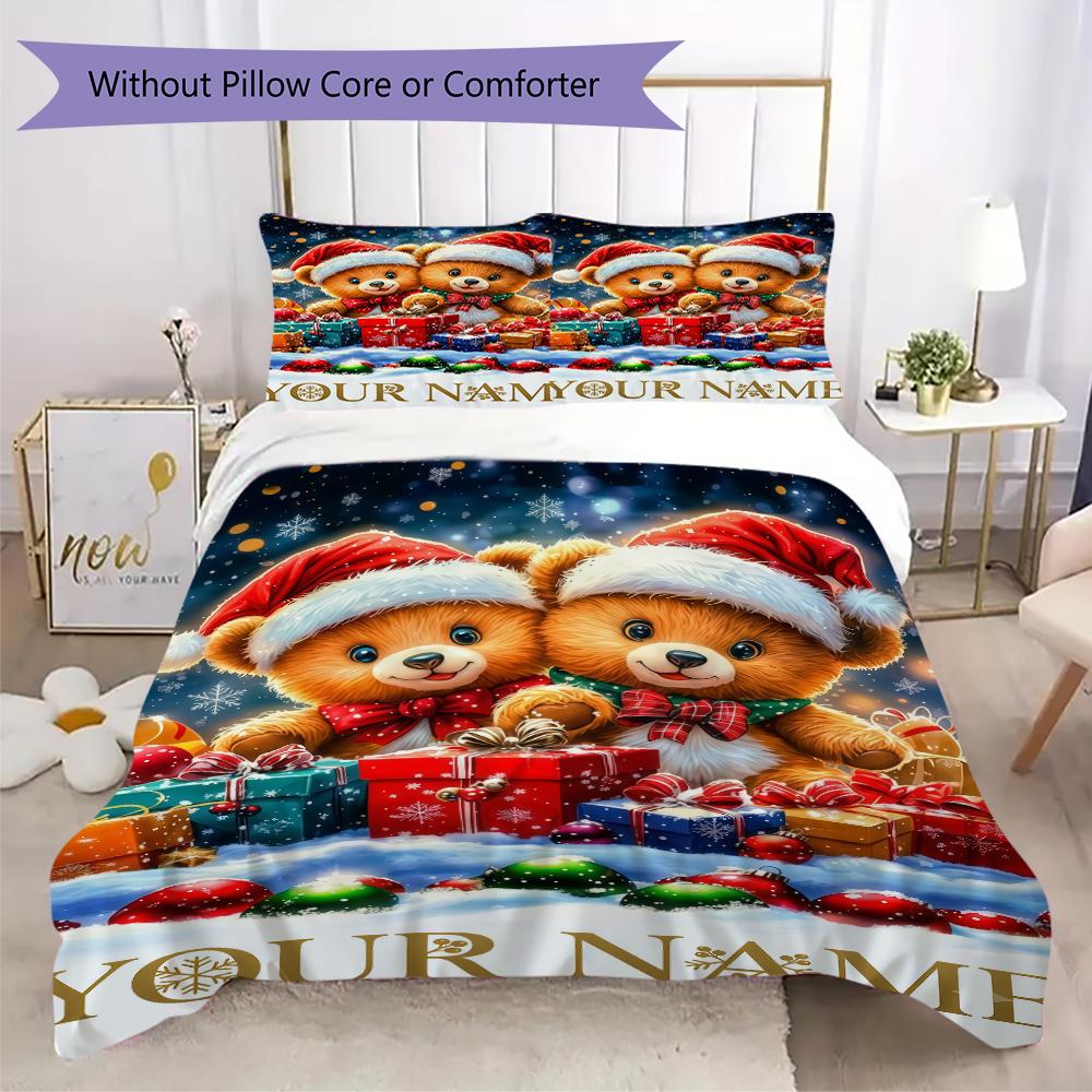 Custom Name Christmas Bears Gifts Bedding,Quilt Set Quilt Cover Pillowcase Home Birthday Gift(1 * Duvet Cover + 2 * Pillowcase, Without Core)_lx