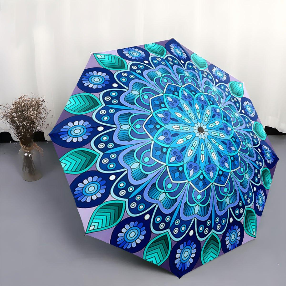 

This Umbrella Has an Automatic Folding Mechanism And Showcases a Blue Mandala Design. It S a Portable And Collapsible Accessor Iron&8K