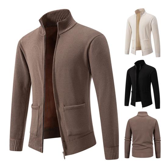 Men Knitted Jacket Stand Collar Long Sleeve Zipper Closure Sweater Coat with Pockets Thickened Plush Lining Knitwear