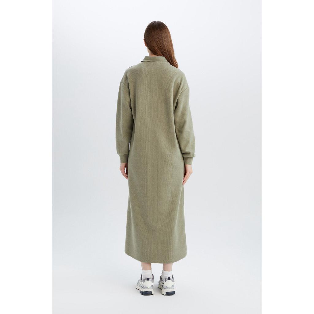 Buttoned Polo Neck Basic Plain Long Sleeve Selanik Fabric Maxi Knitwear Dress B7260ax24wn