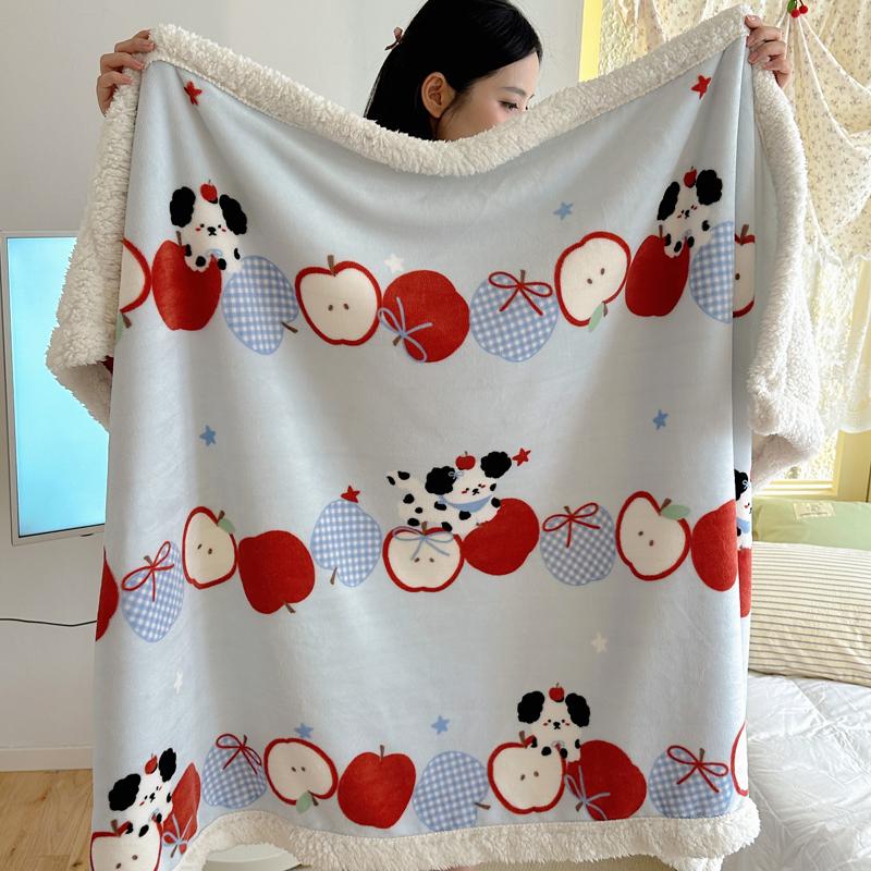 Cartoon Puppy Faux Lambs Wool Blanket Double Layer Thick Warm Fleece Throw Blanket for Sofa Bed Spring Autumn Soft Plush Blanket