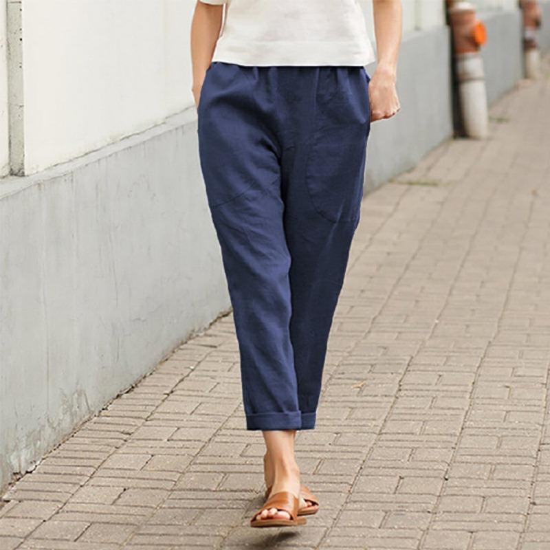 Women's Linen Blend High Waist Cropped Pants Elastic Waist Loose Fit Casual Tapered Trousers