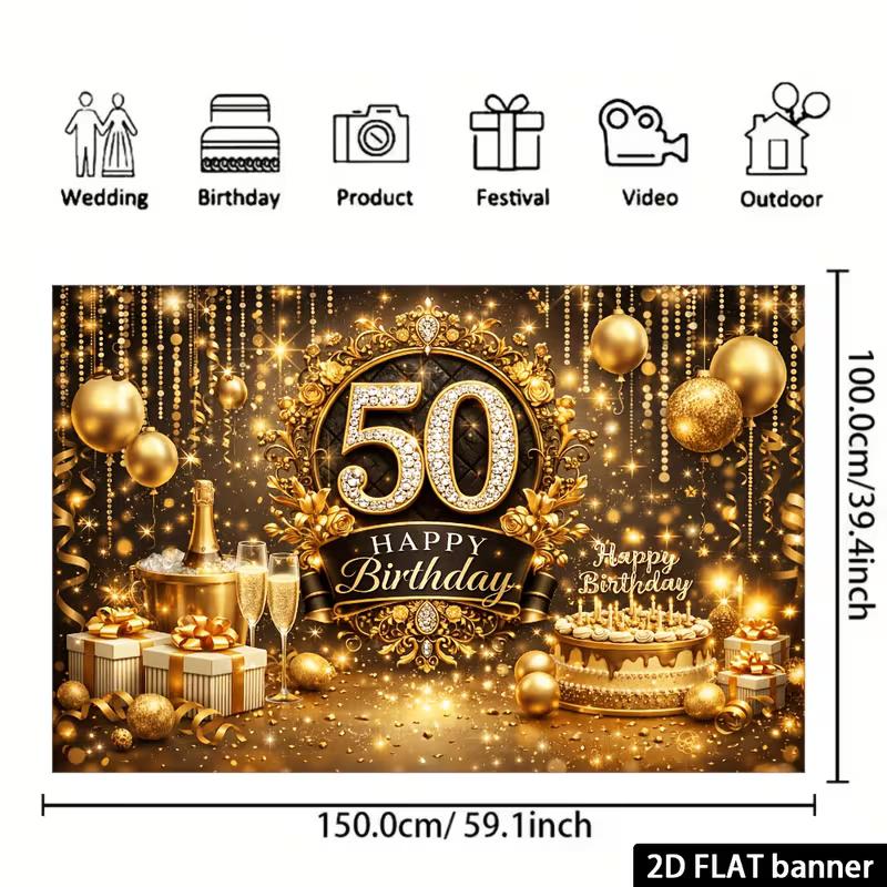 Sfondo Lussuoso 2D per il 50° Compleanno, Palloncini Dorati Diamante Numero 50 Striscione Festa Decorazione