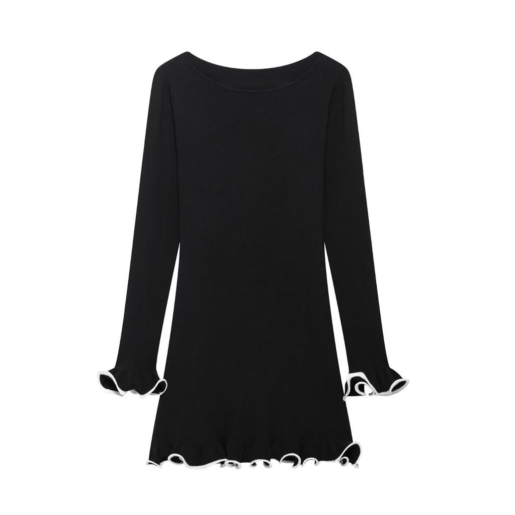 2025 Spring Women's European & American Style Knit Dress with Rolled Edge, Long Sleeve, Party-Ready.