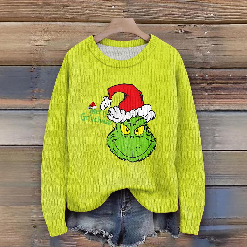 Women's Christmas Print Cardigan Long Sleeve Round Neck Knit Top