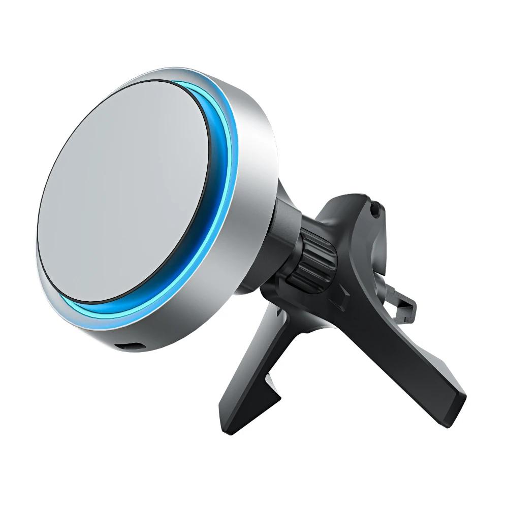 

Car Magnetic Phone Holder LED Glare Wireless Charger Stand For iPhone 1716 15 14 13 12 Samsung Z Fold 7/Z Flip 7 6 Fast Charging срібний