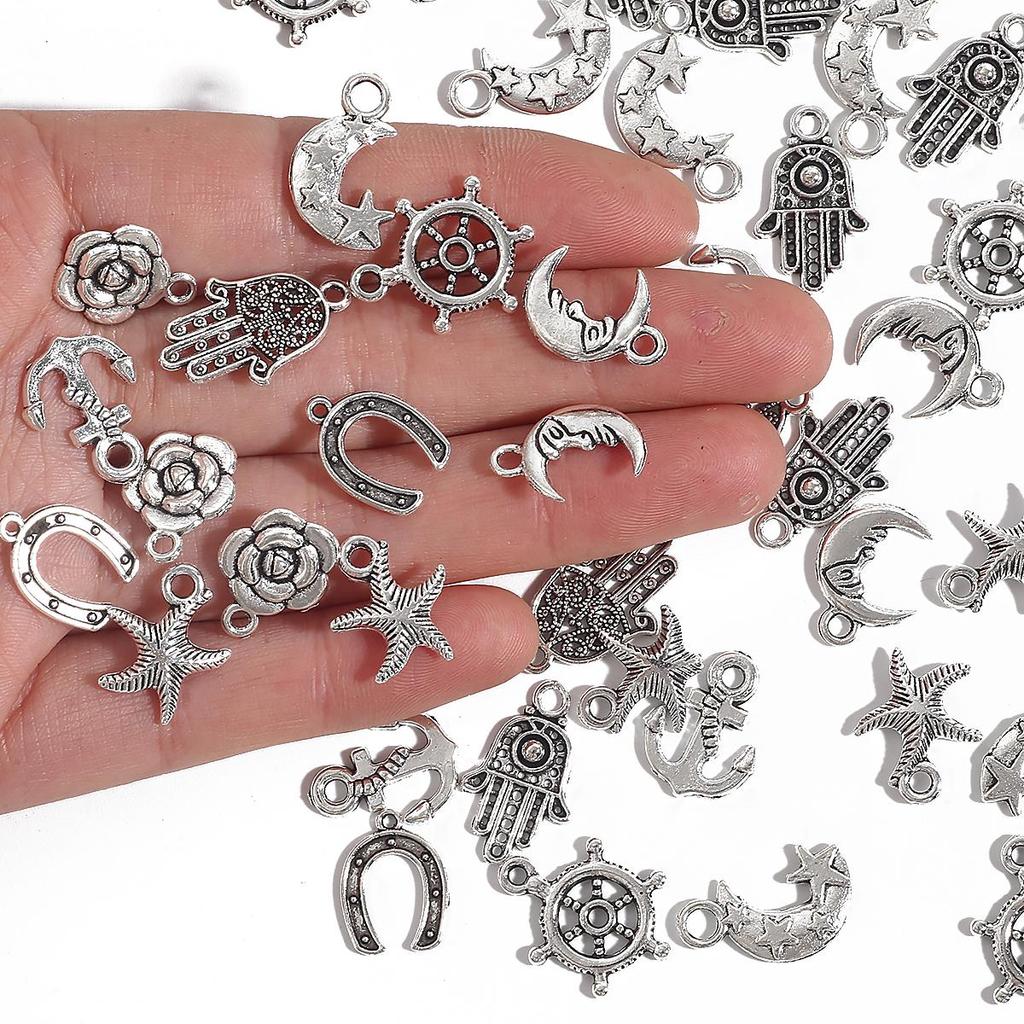 10-30pcs/bag Mixed Styles Moon Plum Tower Anchor Charms Pendants for DIY Jewelry Making Accessories