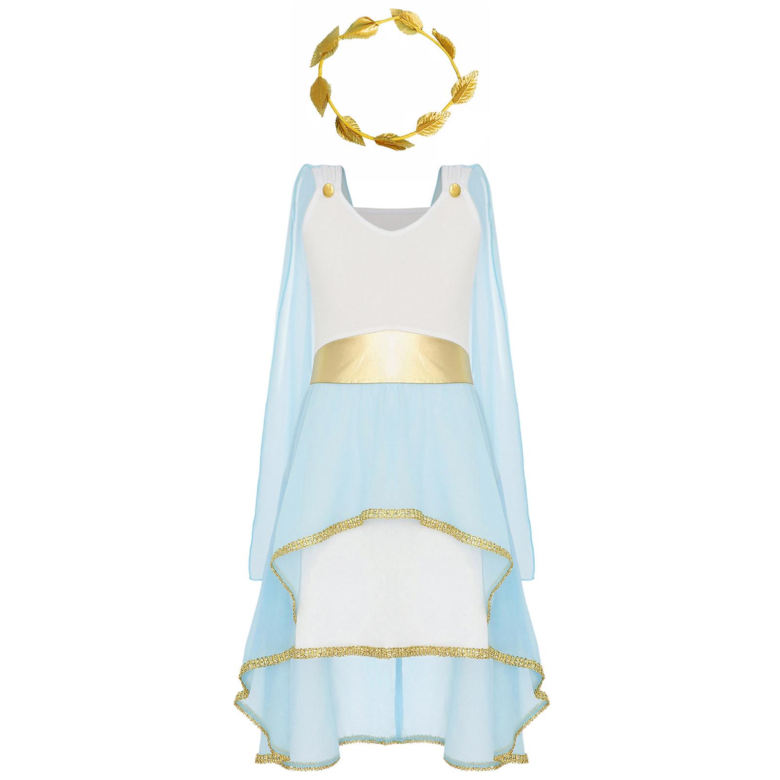 

Girls Ancient Greek Princess Toga Costume Sleeveless Asymmetrical Flowy Dress Wreath Headband Set 5-6 Years світло-синій колір
