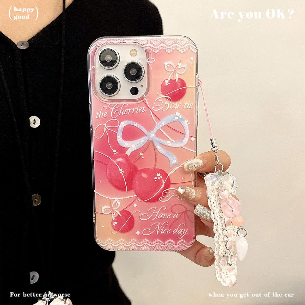 Small and Fresh Suitable for Apple 16PM Bow Mobile Phone Case High-end Iphone15 Cherry Lace Protective Case